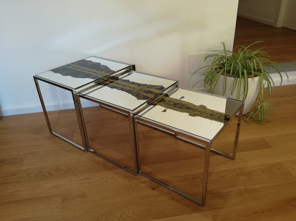 Set di 3 tavolini a nido anni 60 <br> Piani in vetro specchiato con paesaggio - immagine 5