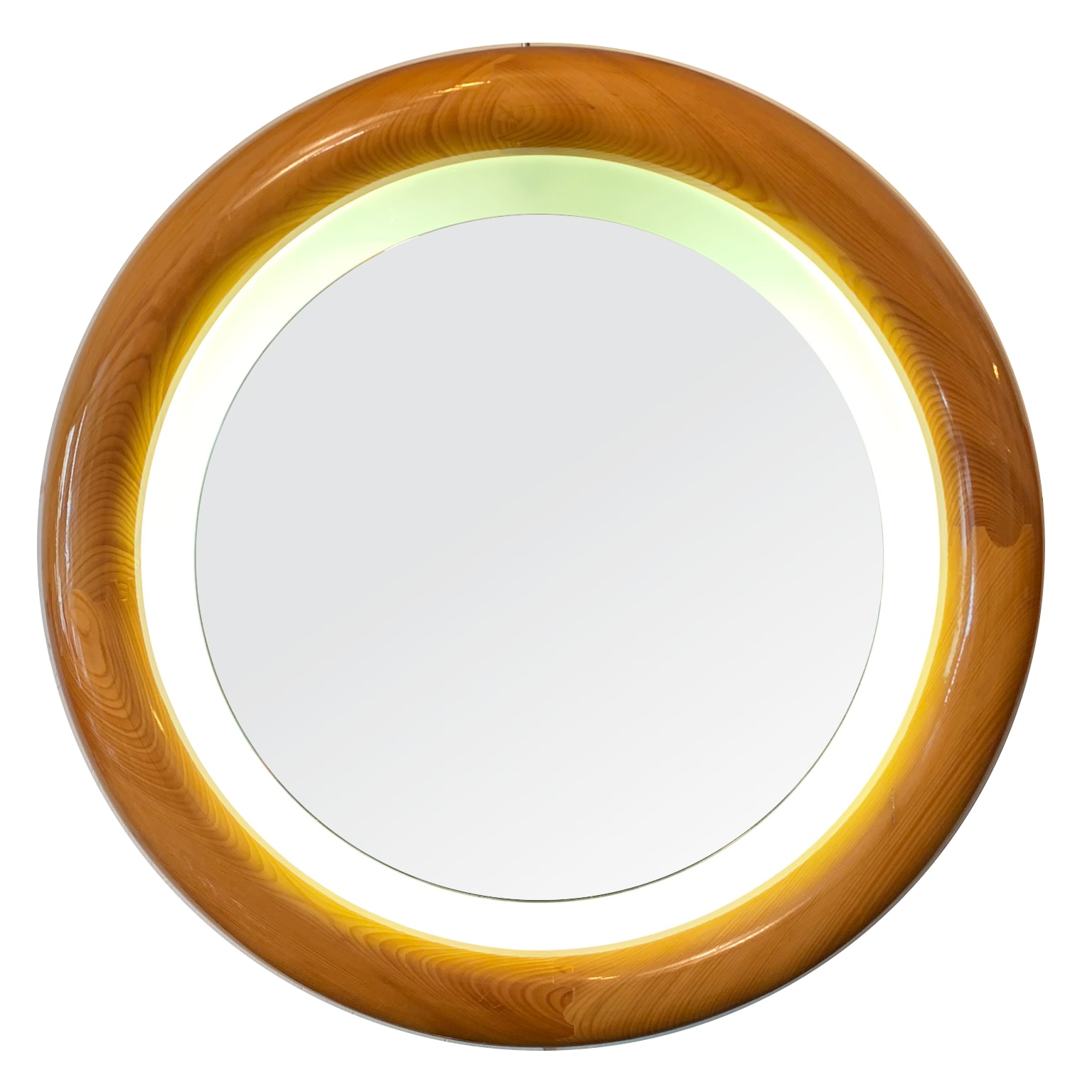 Specchio tondo in legno retroilluminato <br> Italia, anni 60